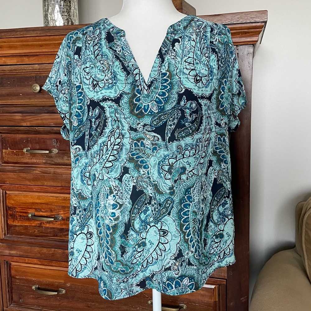 Banana Republic Teal Paisley Top, Teal and Black Shirt, Work Shirt, V-Neck
